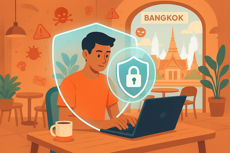 A traveler using a VPN for online security on public Wi-Fi in a cafe.