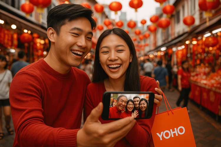 A couple using a Yoho Mobile eSIM to video call family during Lunar New Year in Asia.