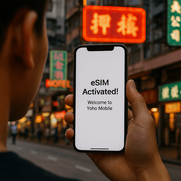 A traveler easily activating a Yoho Mobile eSIM on their iPhone in Hong Kong.