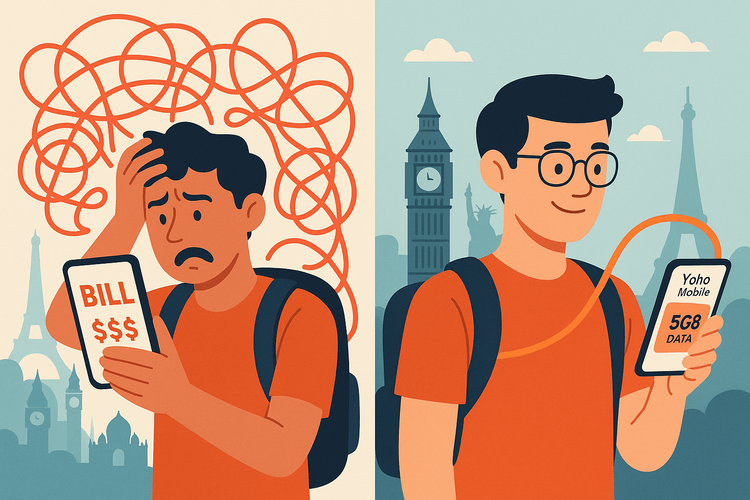 Illustration contrasting the complex, expensive nature of carrier roaming with the simple affordability of a Yoho Mobile eSIM.