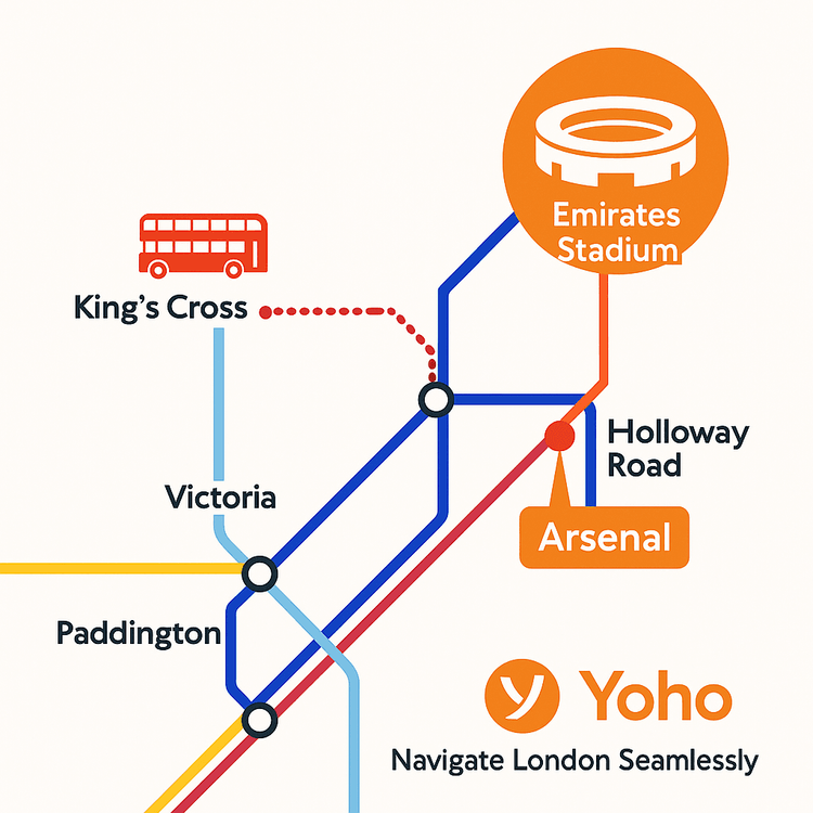 Infographic map showing the best public transport routes to get to Emirates Stadium for an Arsenal match.