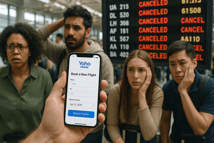 A traveler using a Yoho Mobile eSIM on their phone to manage a flight cancellation at the airport.