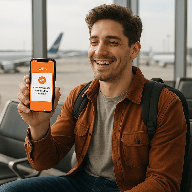 A traveler successfully installs a Yoho Mobile eSIM on his iPhone in an airport lounge before his flight.