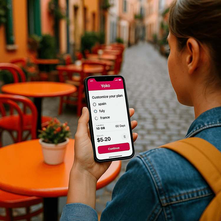 A traveler easily customizing her multi-country European eSIM data plan using the Yoho Mobile app on her smartphone.