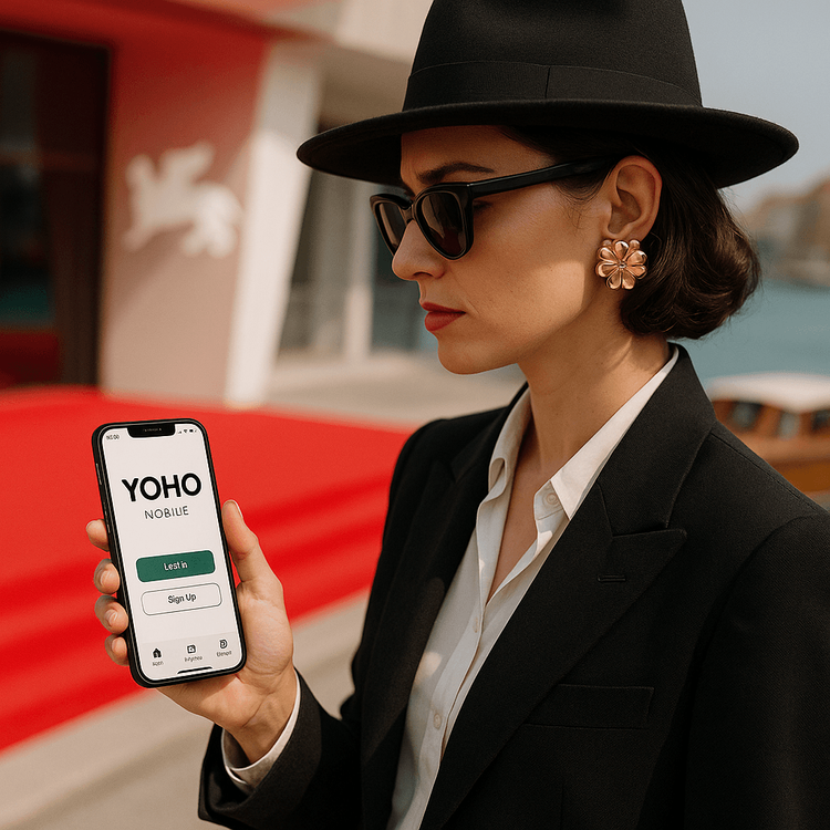 A film festival attendee using a Yoho Mobile eSIM for seamless connectivity in Venice.