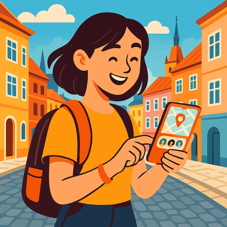 A happy Erasmus exchange student using her Yoho Mobile eSIM data to navigate a European city.