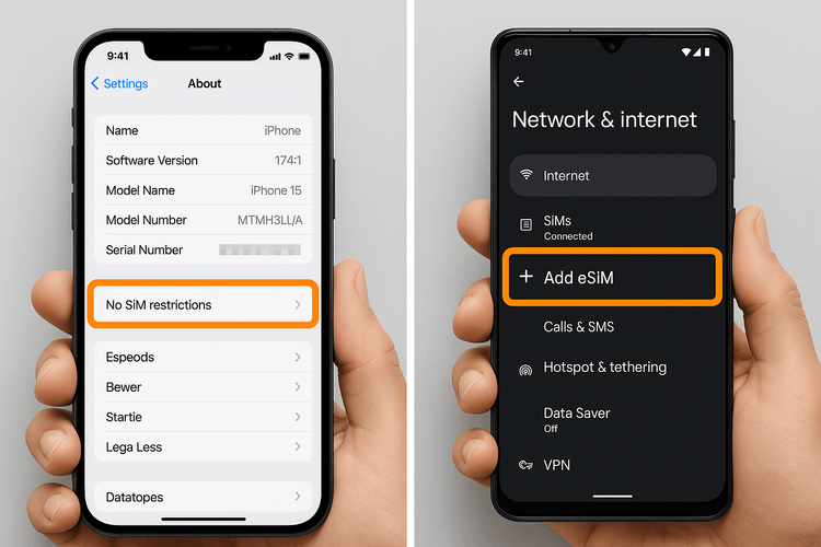 A side-by-side guide showing how to check for carrier lock status on iPhone and Android settings screens.