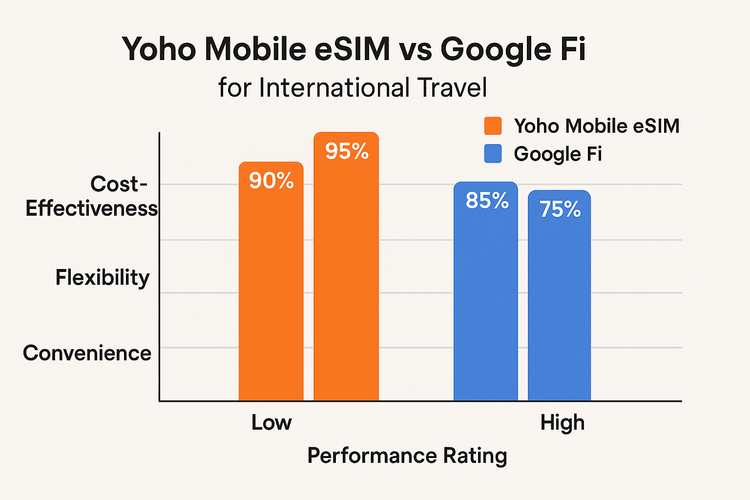 A comparison chart showing Yoho Mobile eSIM is more cost-effective and flexible than Google Fi for international travel.