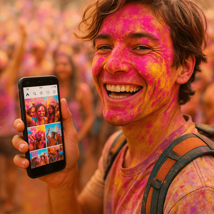 Traveler sharing photos on their phone using Yoho Mobile eSIM during Holi Festival in India.