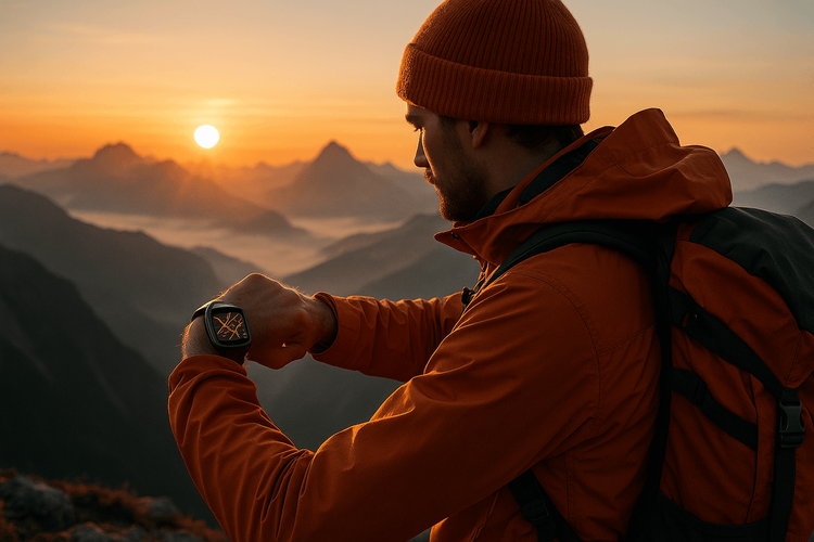 A hiker using a cellular smartwatch with an active map on a mountain peak during sunrise.
