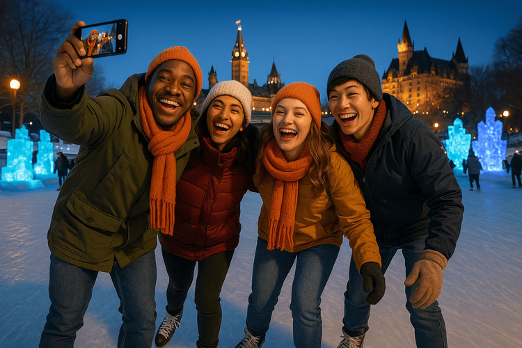 Friends enjoying the Winterlude festival in Ottawa while staying connected with their phones.