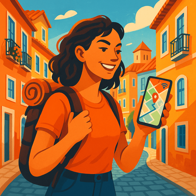 Solo backpacker confidently navigating a European street using her phone with a strong data connection.