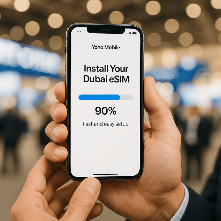 A professional installing a Yoho Mobile eSIM on their smartphone for a business trip to Dubai, showcasing the simple one-tap installation process.