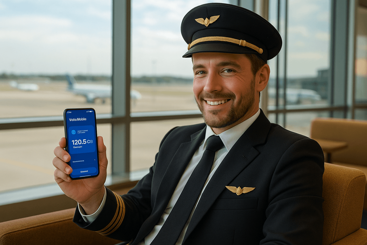 A pilot relaxing in an airport lounge easily managing his Yoho Mobile eSIM for global connectivity between flights.
