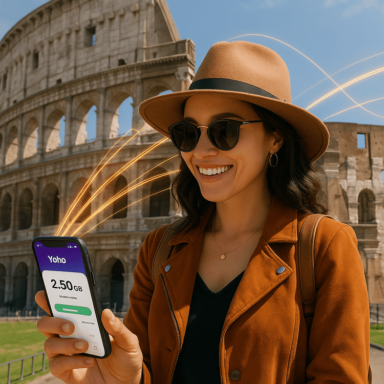 A happy traveler using her Yoho Mobile eSIM for data in front of the Colosseum in Rome.