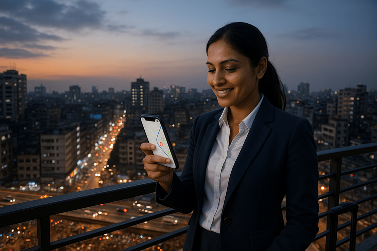 A traveler smiling while using her phone for navigation in Dhaka, thanks to her reliable Yoho Mobile eSIM.