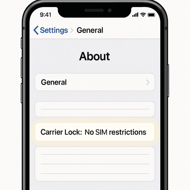 Checking for 'No SIM restrictions' in iPhone settings to confirm the device is unlocked for eSIM use.