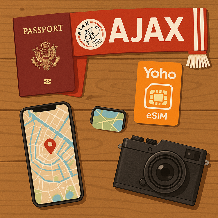 Illustration of travel essentials for an Amsterdam football trip, including a passport, Ajax scarf, and a Yoho Mobile eSIM icon.