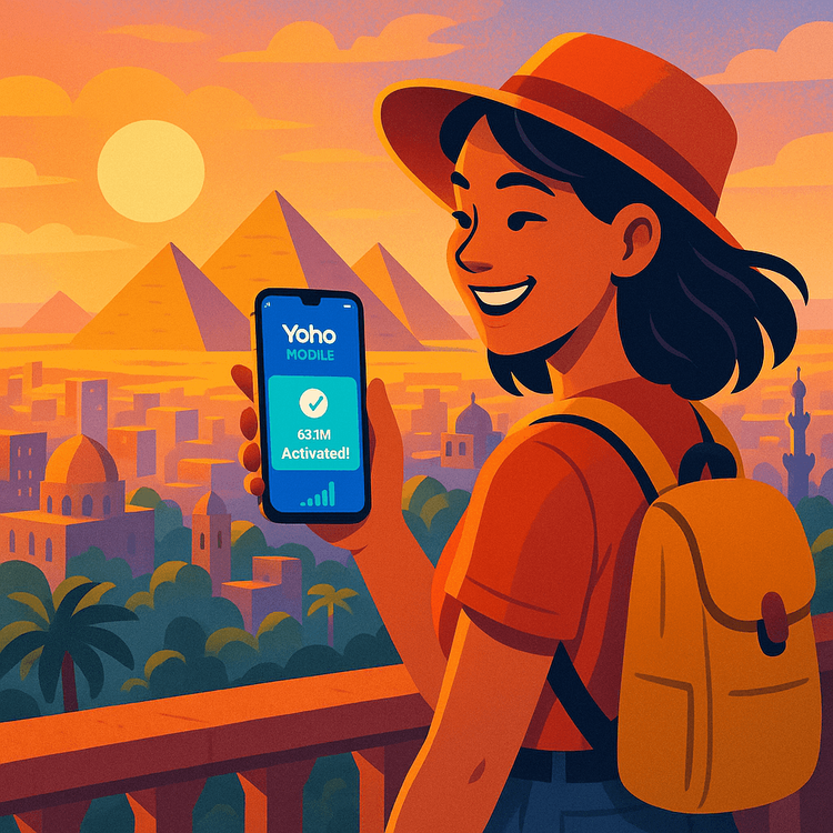 A traveler successfully activating her Yoho Mobile eSIM upon arriving in Cairo, with the pyramids in the background.