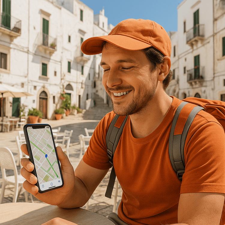 A traveler easily navigating the streets of Ostuni in Puglia using their smartphone with a reliable eSIM data connection.