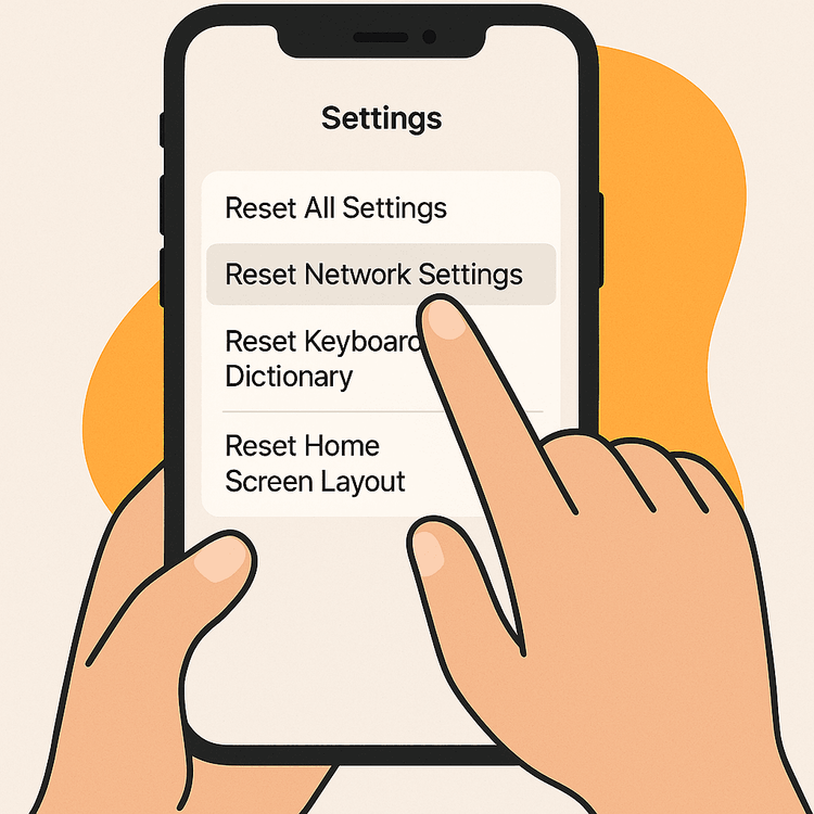 Illustration of a user resetting network settings on their smartphone to troubleshoot an eSIM activation issue.