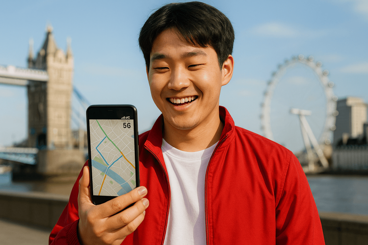 A football fan from Hong Kong using their smartphone with a Yoho Mobile eSIM to navigate the streets of London.