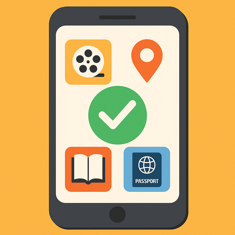 Illustration of essential apps to download for travel, including entertainment, maps, and books.