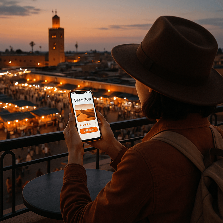 A traveler using a phone with a Yoho Mobile eSIM to book a desert tour from a rooftop cafe in Marrakech.