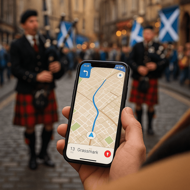 A traveler uses their phone with an eSIM data plan to navigate the streets of Edinburgh during St. Andrew's Day festivities.