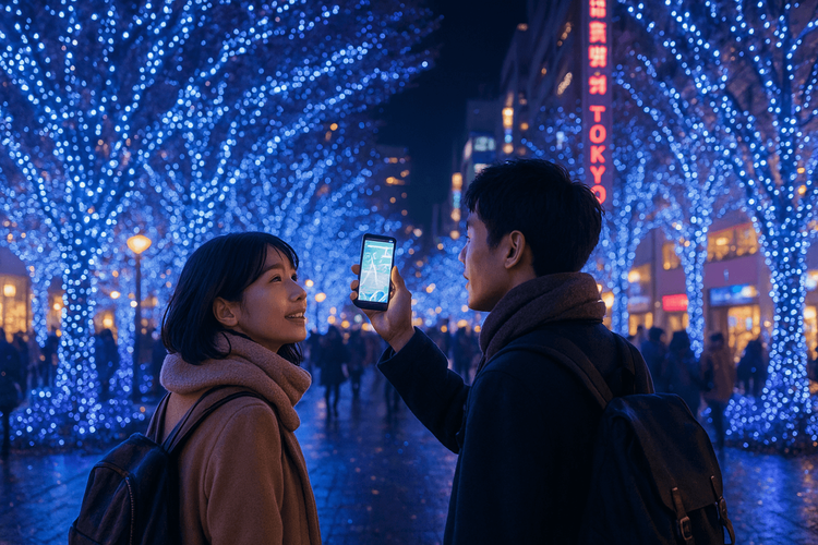 A couple enjoying Tokyo's winter illuminations while staying connected with their eSIM.