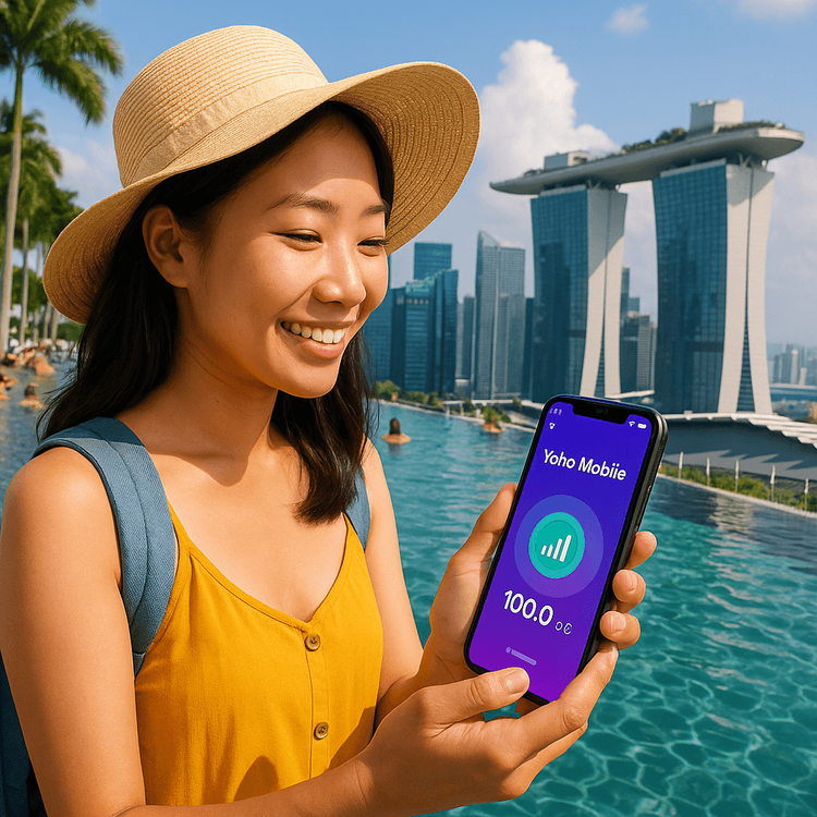A happy tourist using her phone with a Yoho Mobile eSIM at the Marina Bay Sands SkyPark in Singapore.