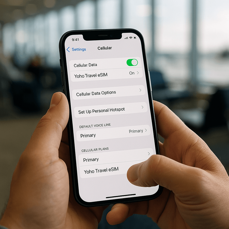 iPhone cellular settings configured for using a Yoho Mobile eSIM for data and a primary line for calls.