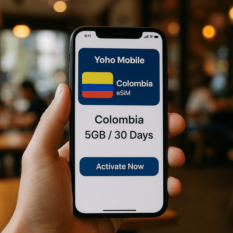 A smartphone screen showing an easy-to-manage Yoho Mobile eSIM data plan for Colombia.
