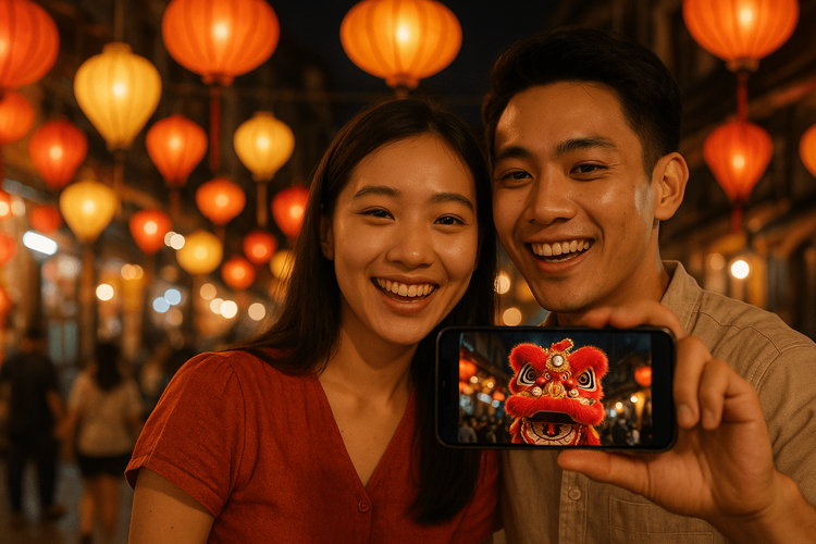 A couple using a Yoho Mobile eSIM on their phone to video call family during the vibrant Tết Trung Thu festival in Hanoi.