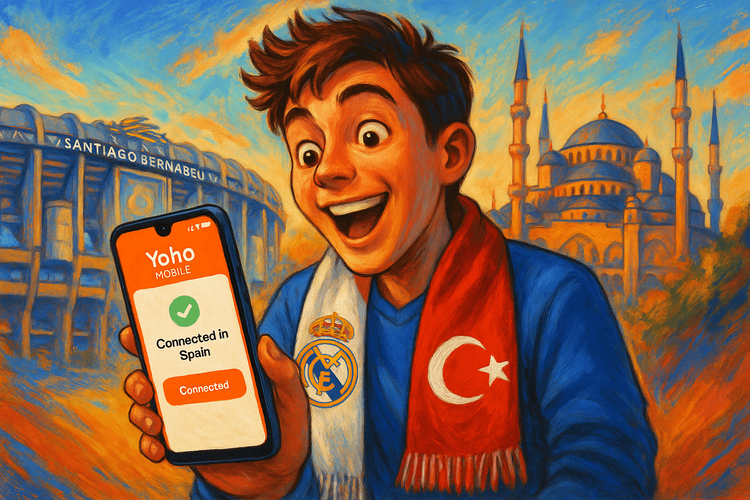 A football fan celebrating with a Yoho Mobile eSIM on their phone, ready for travel to Spain and Turkey to follow Arda Güler.