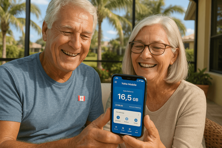 A happy Canadian snowbird couple enjoying their winter stay in Florida while easily managing their affordable data with a Yoho Mobile eSIM.