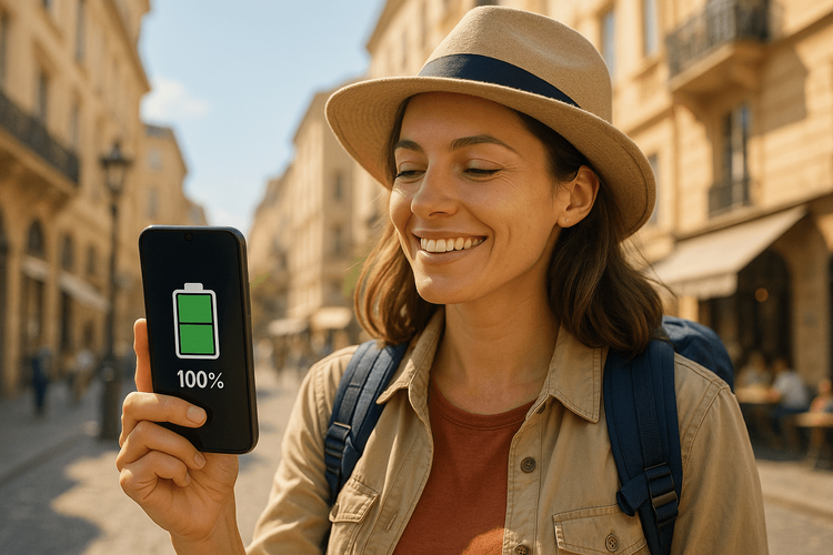 Una viaggiatrice si gode il viaggio con il telefono completamente carico, grazie alla connettività eSIM efficiente.