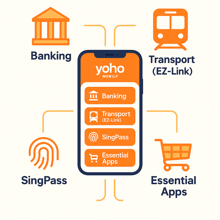 Infographic showing the essential digital setup for expats in Singapore: Banking, Transport, SingPass, and Apps, all enabled by mobile connectivity.