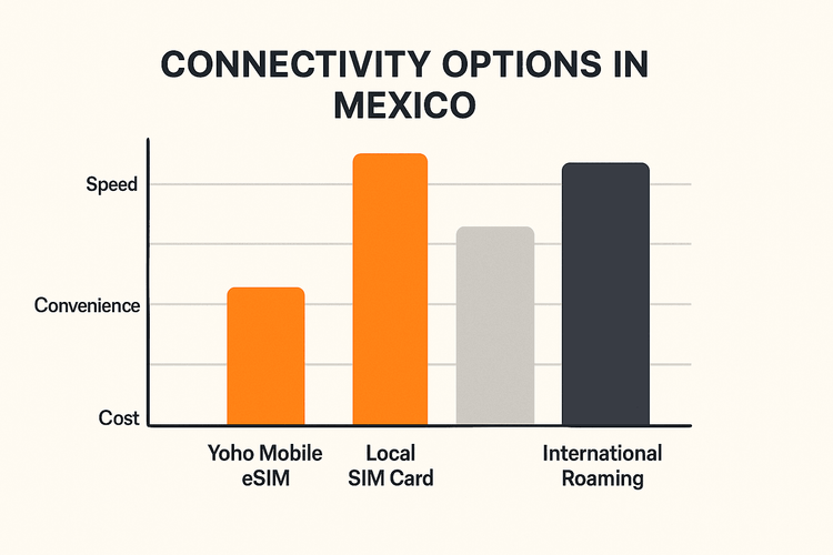 A comparison chart showing that Yoho Mobile eSIM is more cost-effective and convenient than local SIM cards or international roaming for travel in Mexico.