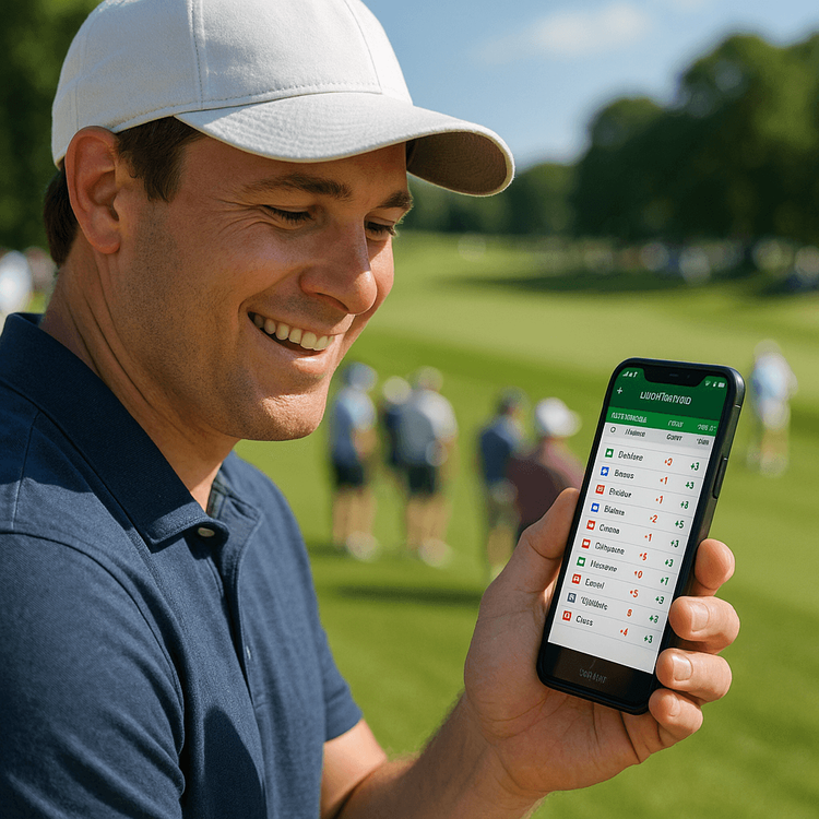 A golf fan using a Yoho Mobile eSIM to check the leaderboard at the Tour Championship.