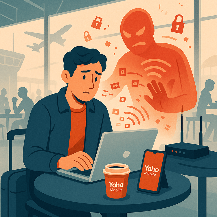 Illustration of the security risks of using public Wi-Fi while traveling, showing a hacker intercepting data.