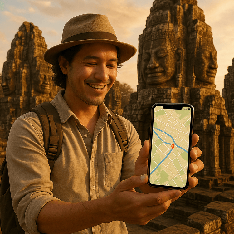 A tourist uses their smartphone with a Yoho Mobile eSIM for navigation at the Bayon temple in Angkor Wat, Cambodia.