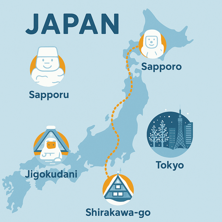 A map showing a non-skiing winter travel itinerary through Japan, from Hokkaido to Tokyo.