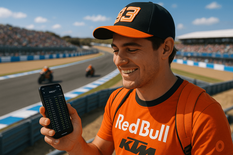 A MotoGP fan using his smartphone with a Yoho Mobile eSIM to check live timings at the Jerez race track.