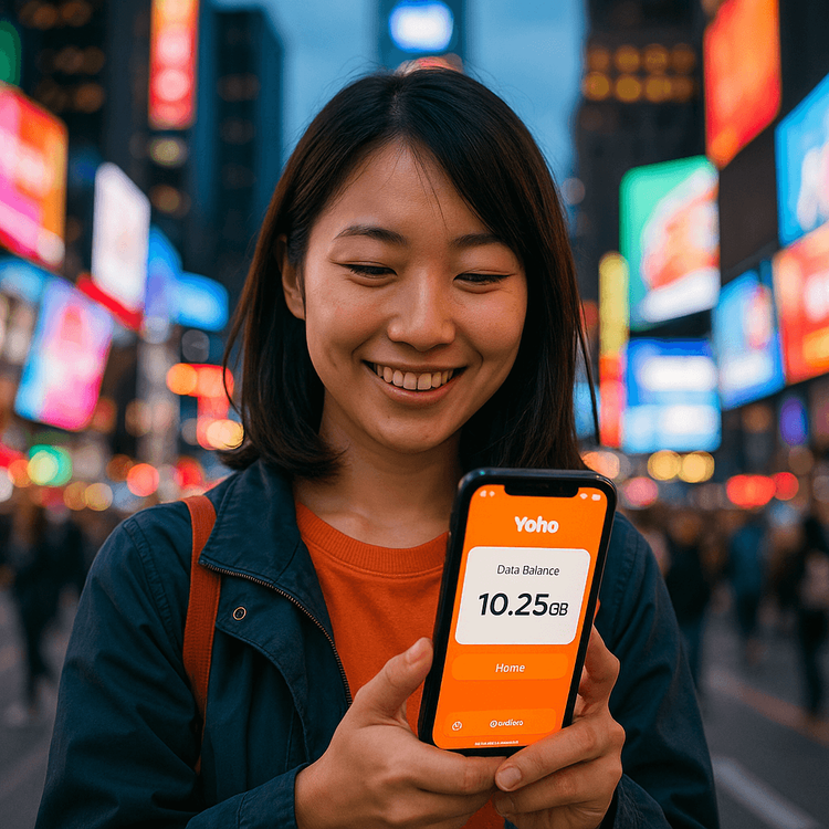 A Japanese traveler smiling while using her Yoho Mobile eSIM data plan in Times Square, NYC.