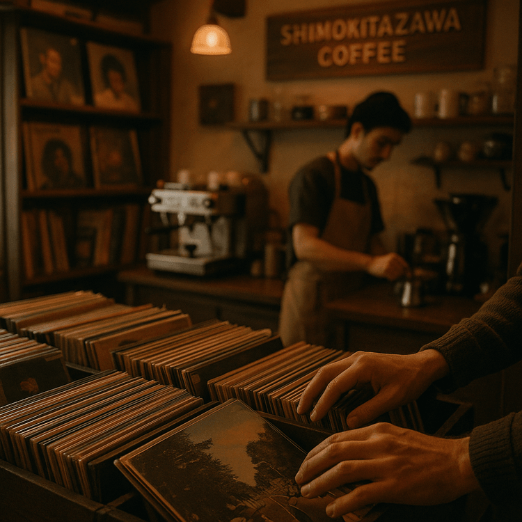 The intimate and cozy interior of a vinyl record store and cafe in Shimokitazawa, with hands flipping through records.