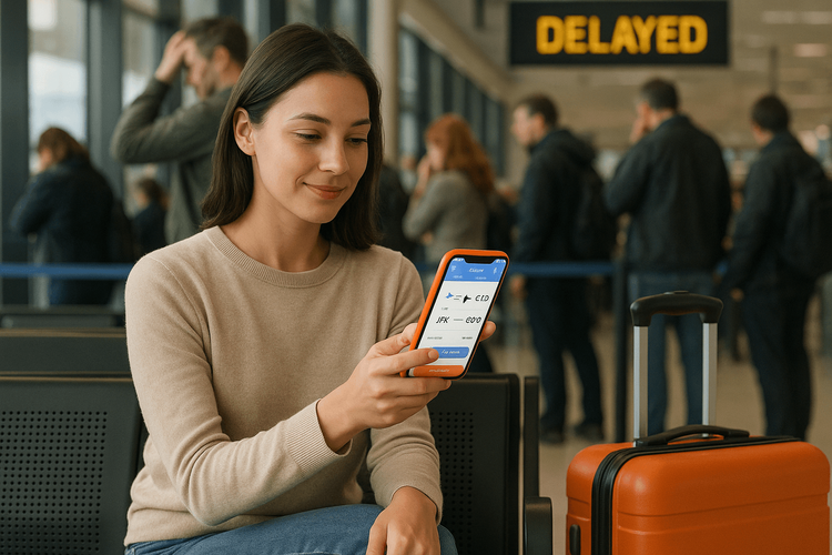 A traveler calmly rebooking a flight on her smartphone in a chaotic airport, thanks to a reliable eSIM data connection.
