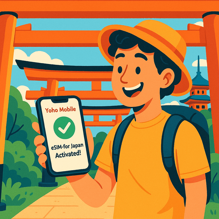 A traveler in Japan easily activating their Yoho Mobile eSIM for Japan on their smartphone.
