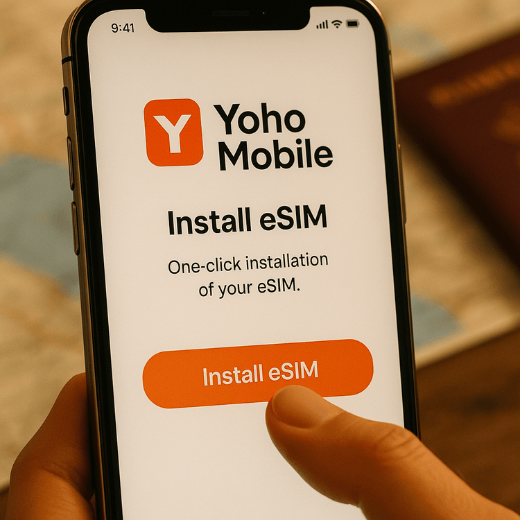 A demonstration of the simple 1-click eSIM installation process on the Yoho Mobile app for iOS devices.