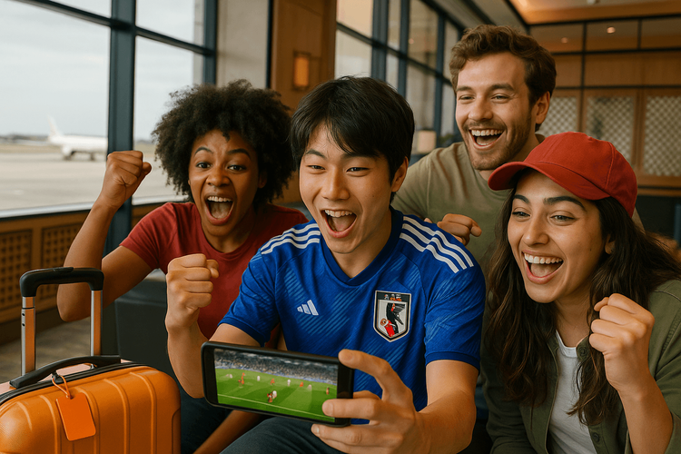Football fans watching an AFC U23 qualifiers match on a smartphone using an eSIM for travel in Asia.